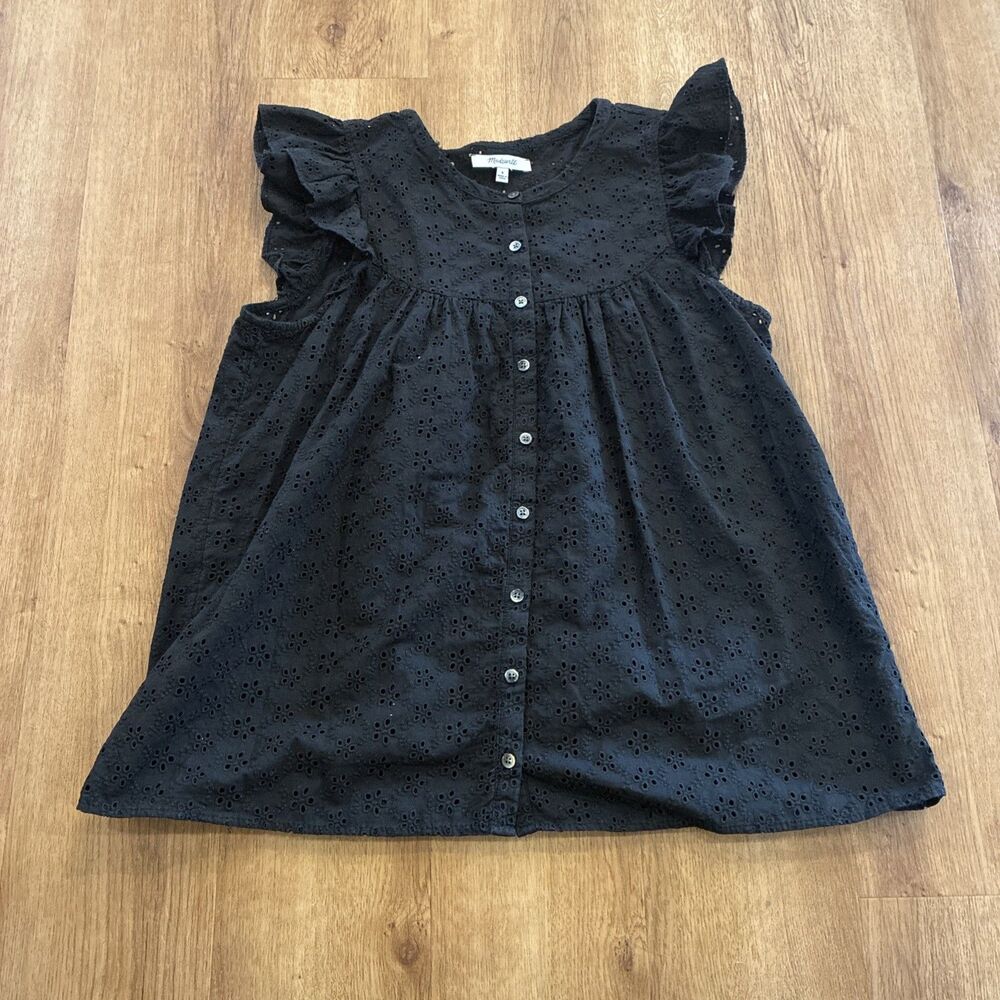 Madewell Sz Small Ruffle Sleeve Bib Top Black Eyelet Button Up‎ Cap Sleeve